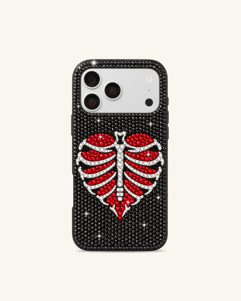 Artificial Crystal Rib Heart Phone Case – Black