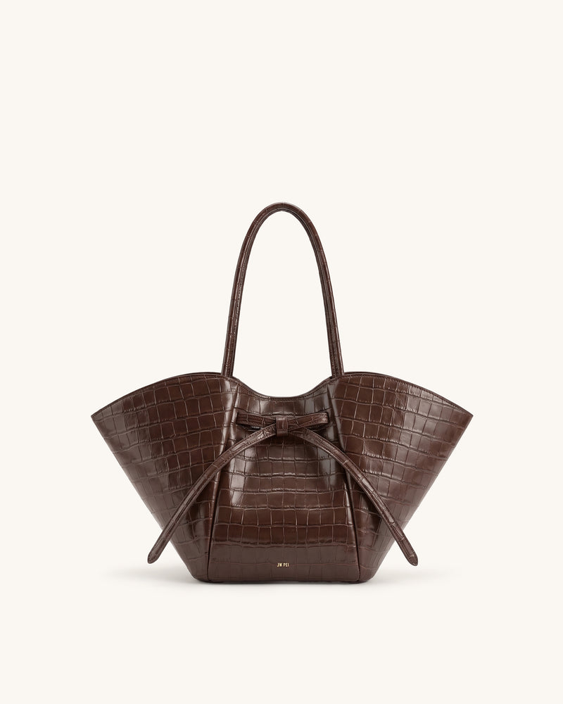 Mabel Bow Large Tote Bag - Dark Brown Croc