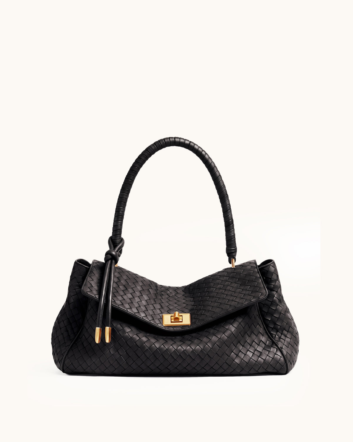 Lorena Woven Flap Shoulder Bag with Turn-Lock - Black