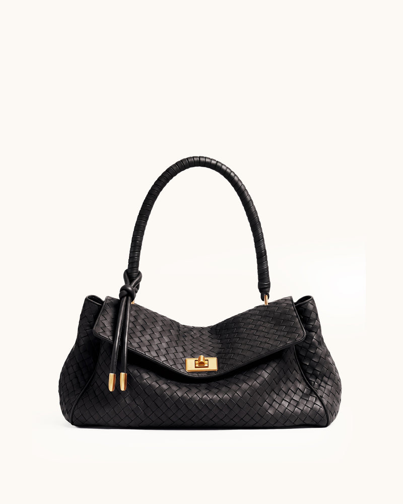 Lorena Woven Flap Shoulder Bag with Turn-Lock - Black