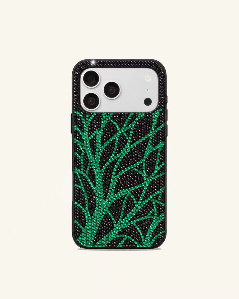 Green Branch Artificial Crystal Phone Case – Black