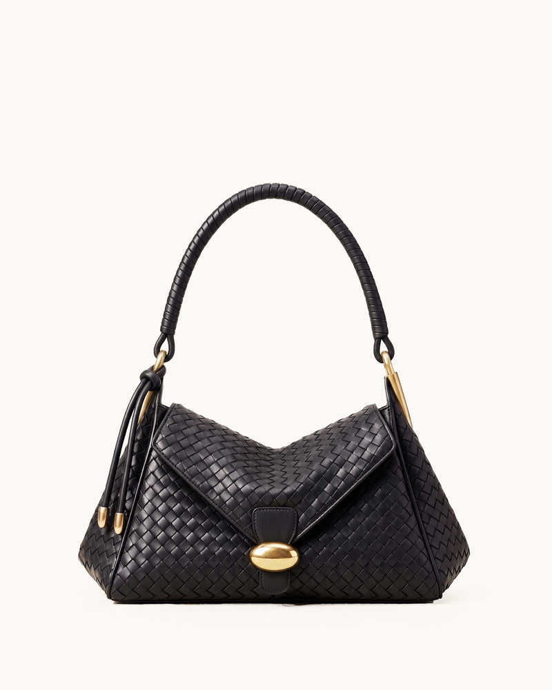 Lorena Woven Flap Bag with Gold Clasp - Black
