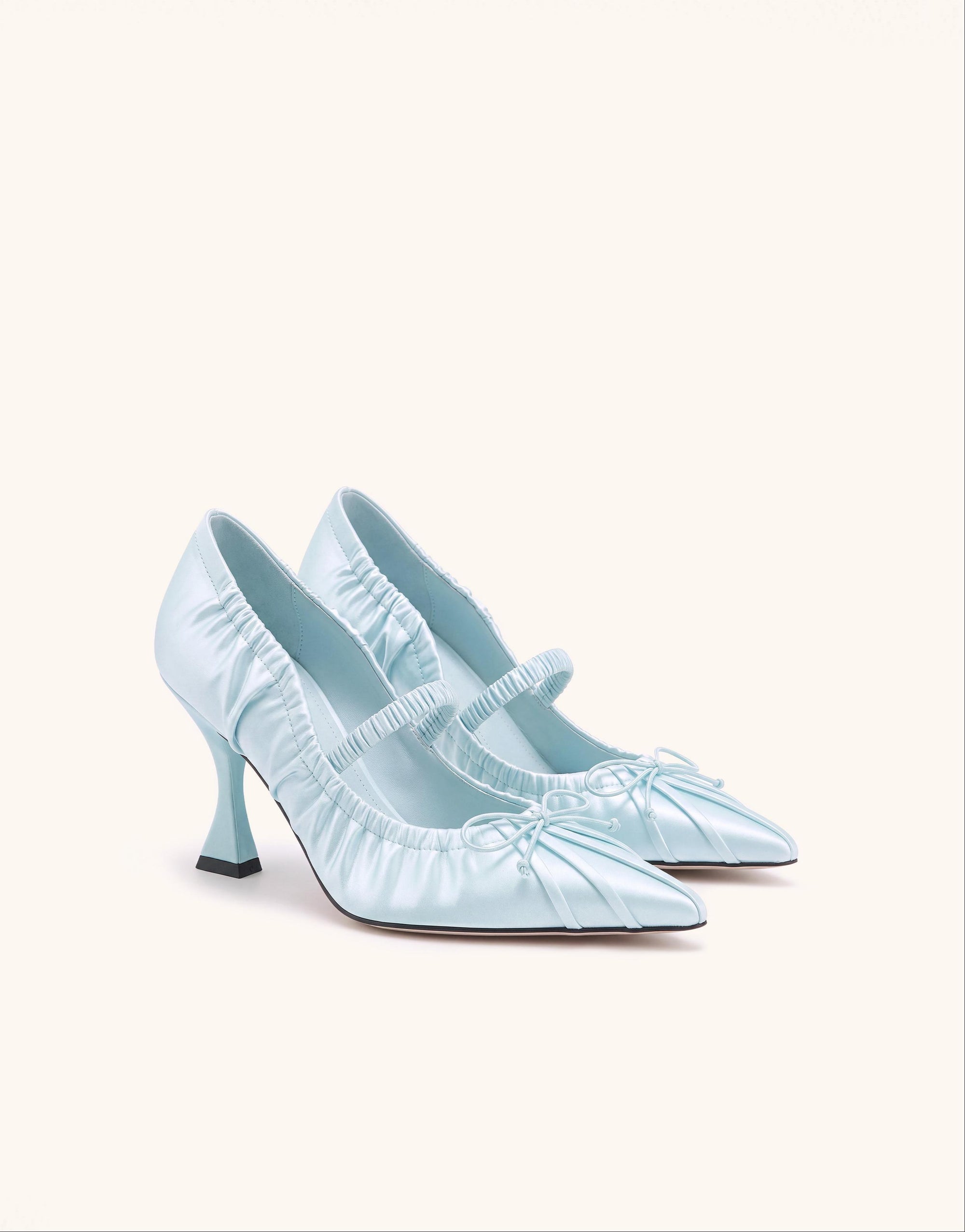 Solenne Satin Bow Ruched Mary Jane Pumps - Light Blue
