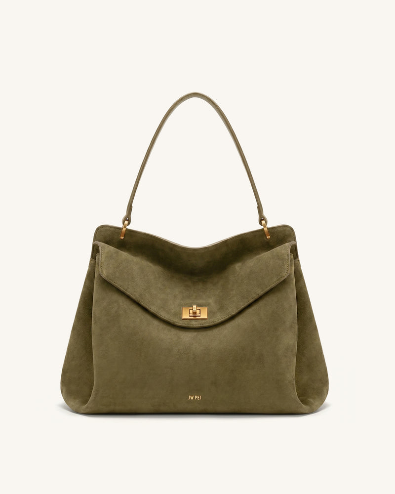 Lucia Turn-Lock Faux Suede Shoulder Bag - Olive Green