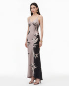 Bird Of Paradise Print V-Neck Satin Cami Maxi Dress - Taupe