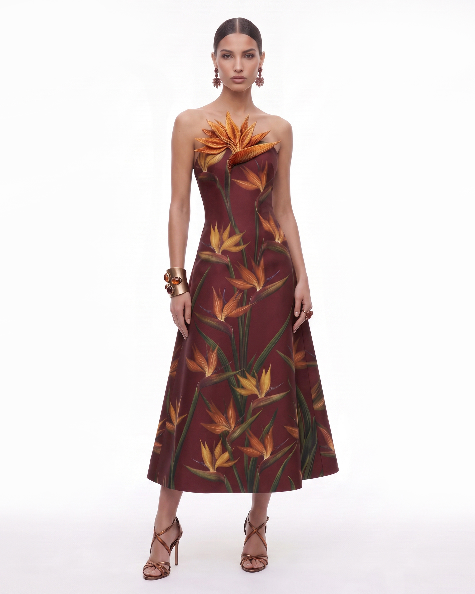 Bird of Paradise Appliqué Strapless A-Line Midi Dress -  Burgundy