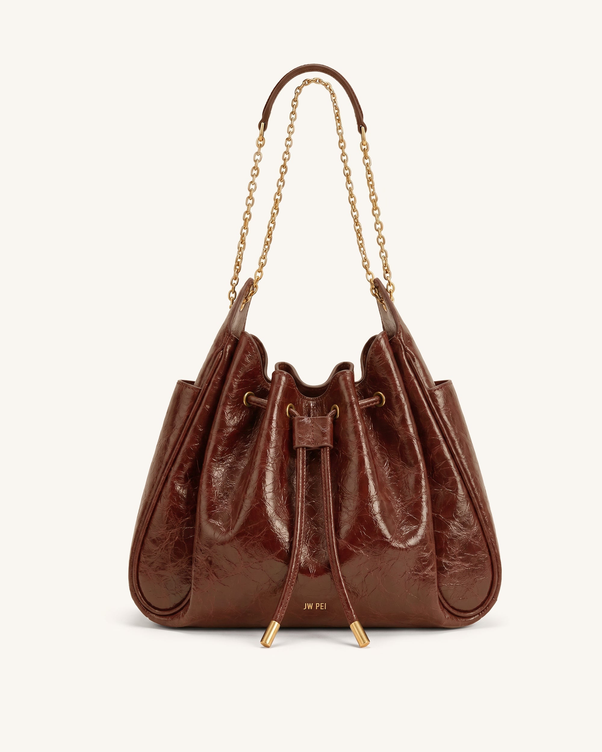 Rowan Ruched Drawstring Chain Bucket Bag - Caramel