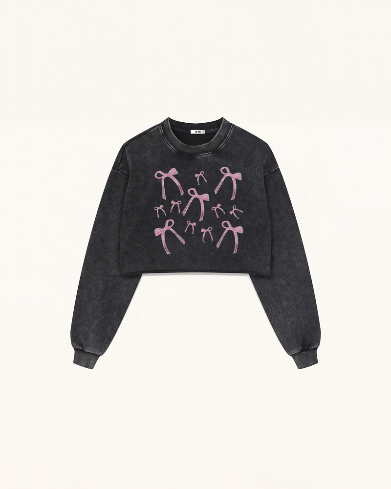 Sparkling Pink Crystal Bow Cropped Sweatshirt - Black
