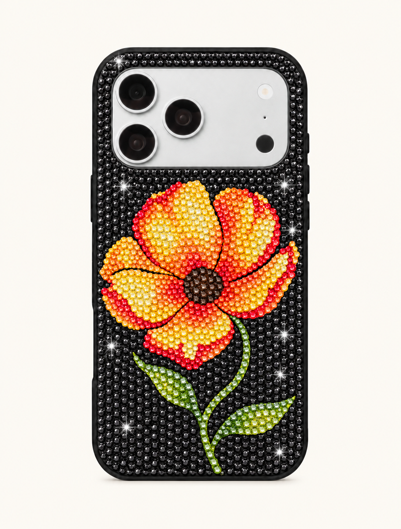 Poppy Motif Artificial Crystal Phone Case - Black
