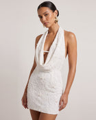 Orchid Beaded Embroidered Deep V Halter Mini Dress - White
