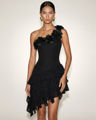 Flower Embroidered One-Shoulder Corset Mini Dress - Black