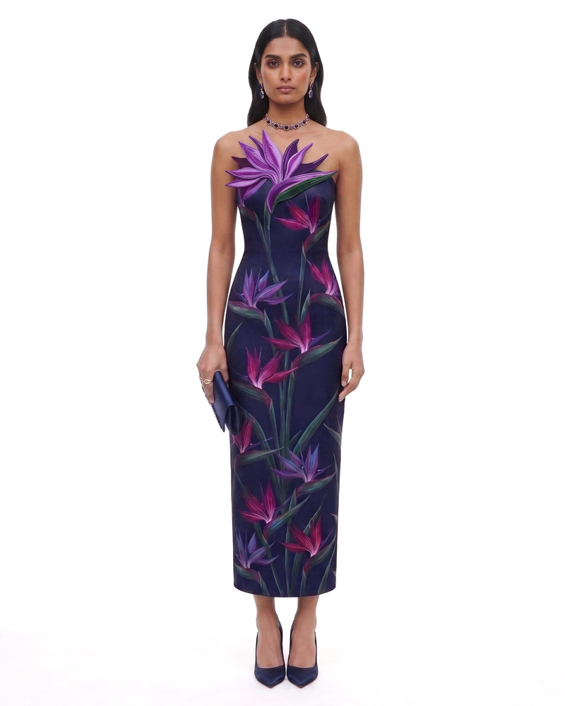 Bird of Paradise Appliqué Strapless Column Midi Dress - Navy Blue
