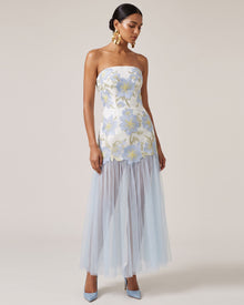Floral Embroidered Strapless Tulle Maxi Dress - Light Blue