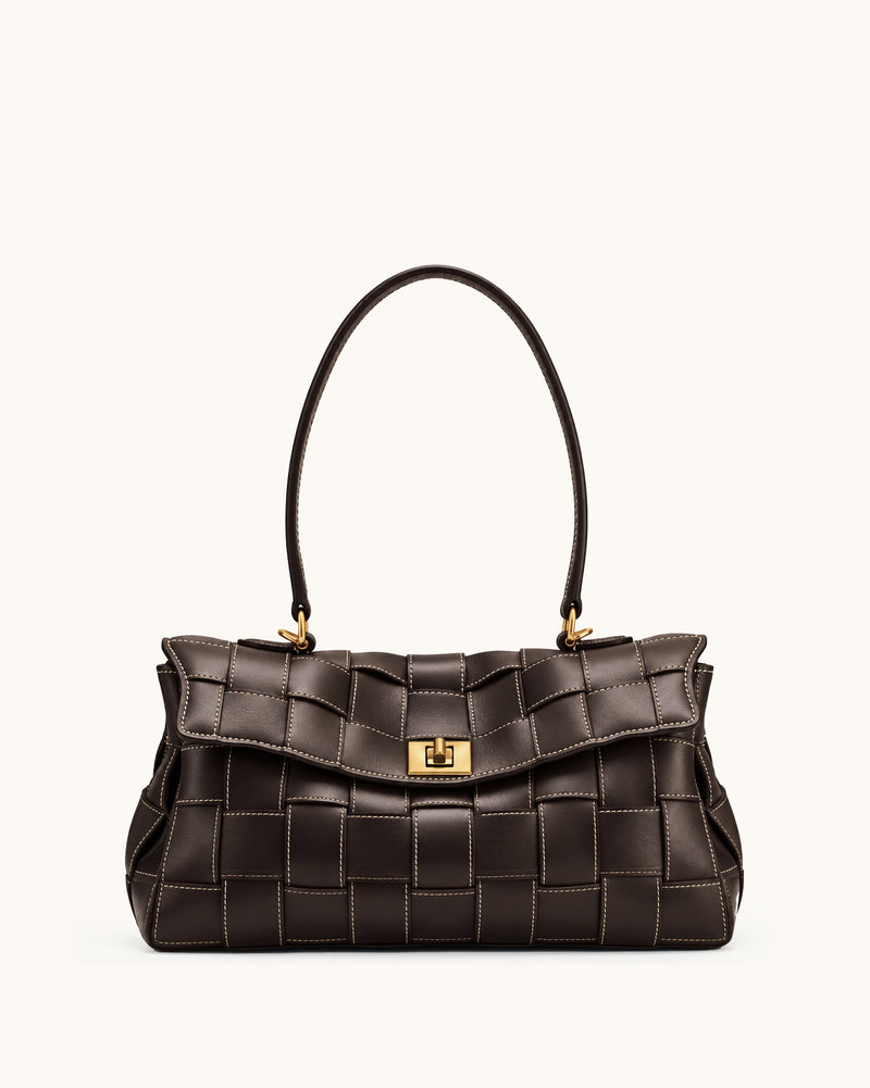 Nadine Woven Flap Shoulder Bag - Dark Brown