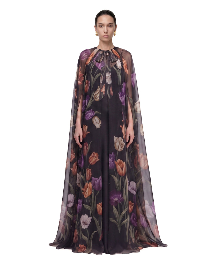 Tulip Floral Cape Maxi Dress - Black