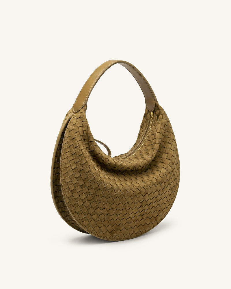 Nola Faux Suede Woven Crescent Shoulder Bag - Olive Green