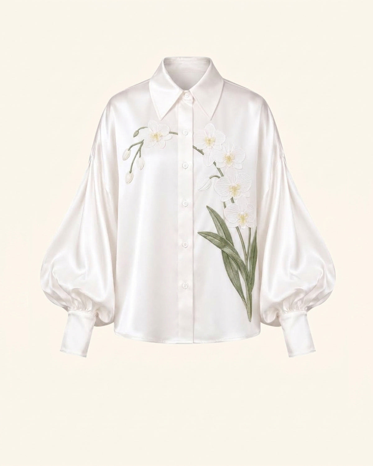 Satin Orchid-Embroidered Puff-Sleeve Shirt - White