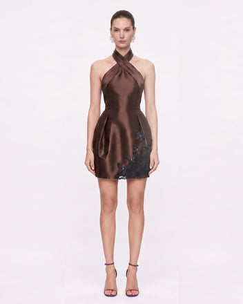 3D Butterfly Appliqué Halter Satin Mini Dress - Brown