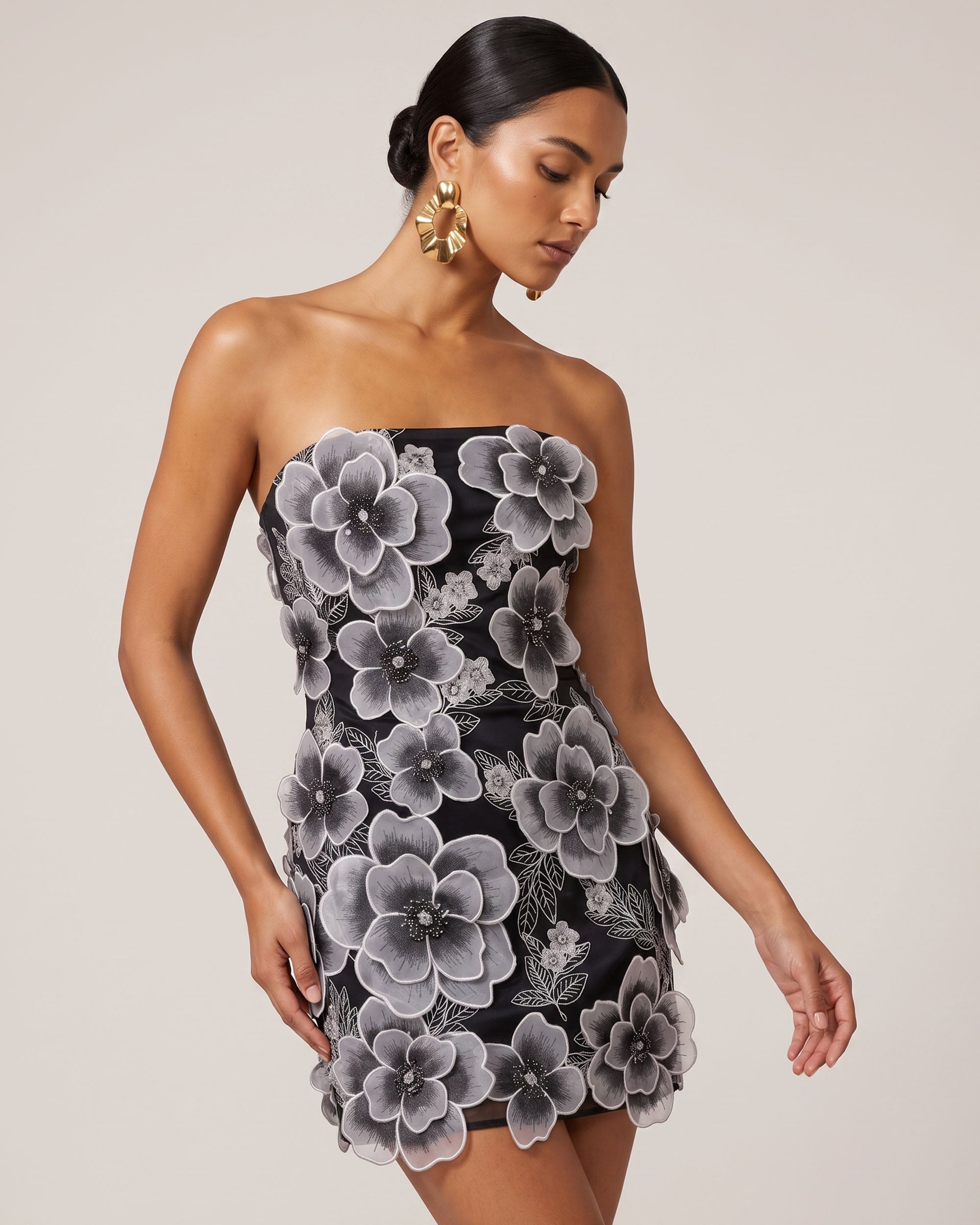 Floral Embroidered Strapless Mini Dress - Black