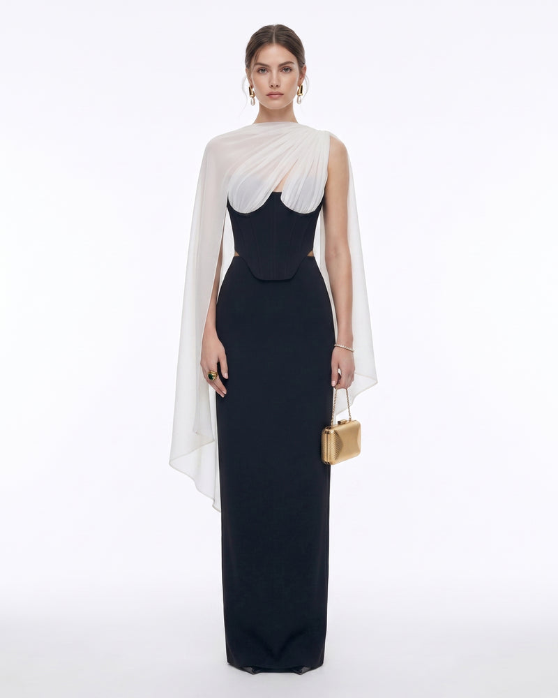 Strapless Corset Sheer Cape Top - Black & White