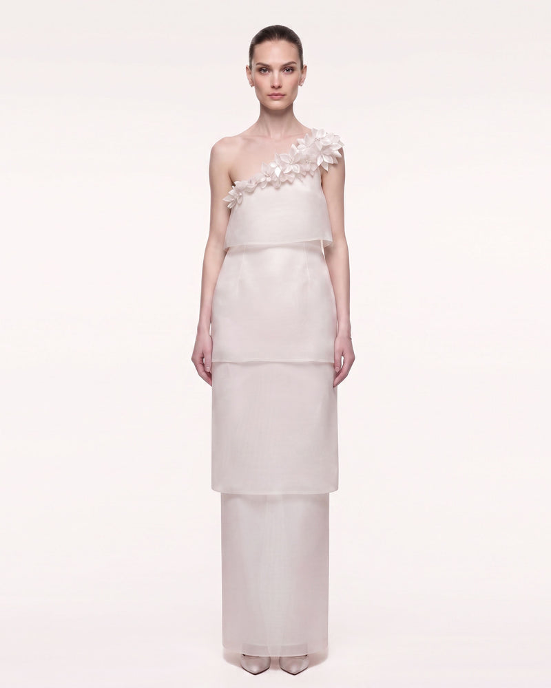 3D Floral One-Shoulder Tiered Maxi Dress - Ivory