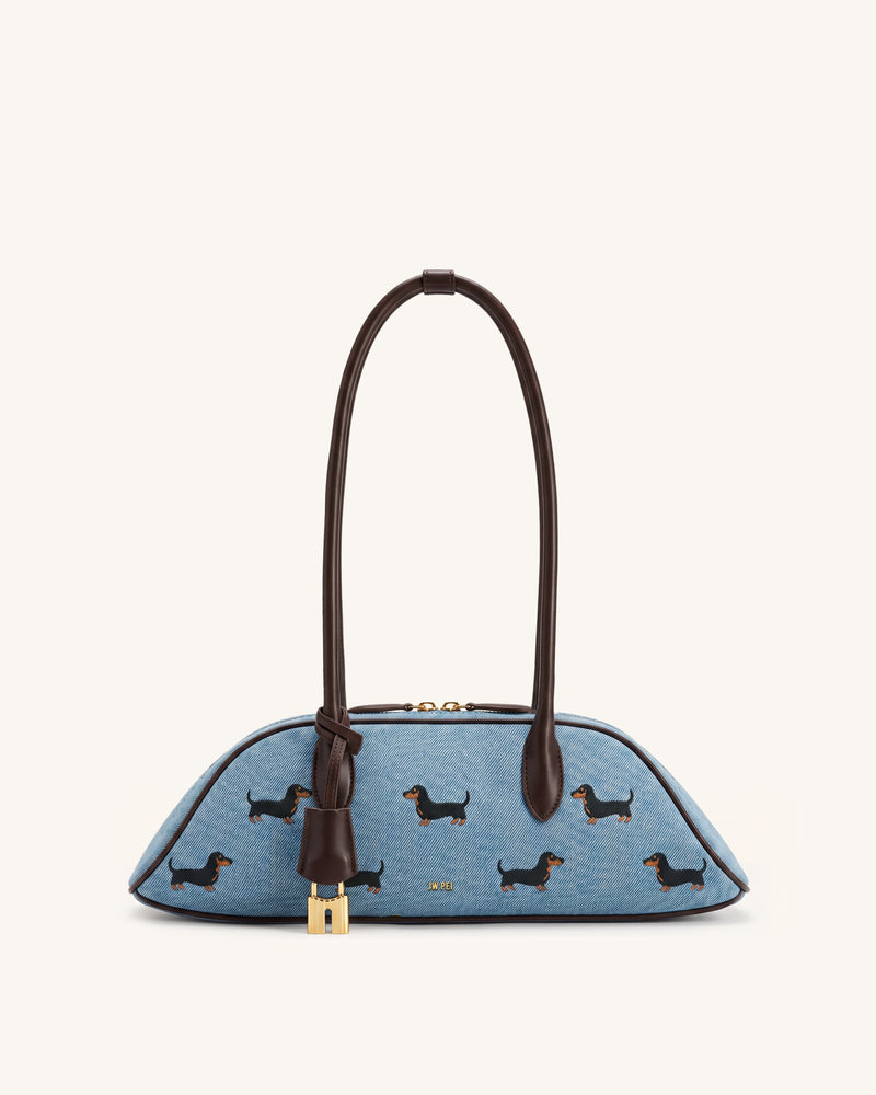 Zora Puppy Embroidery Pattern Shoulder Bag - Blue Denim