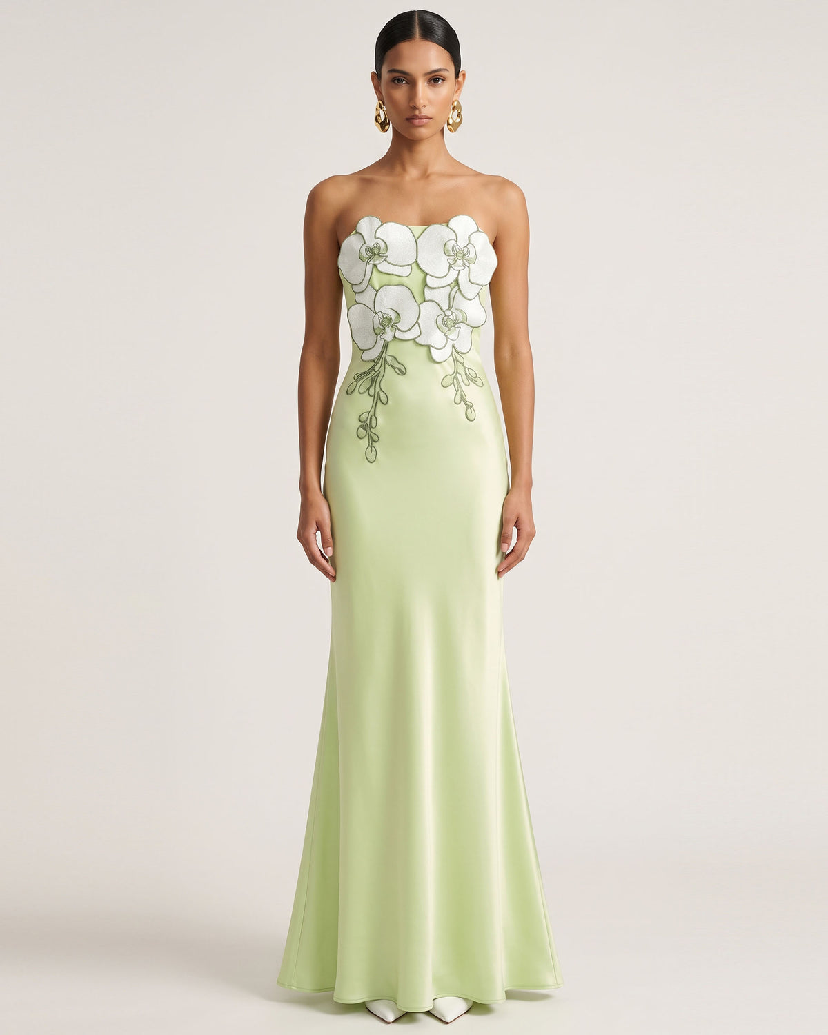 3D Floral Strapless Satin Slit Maxi Dress - Light Green