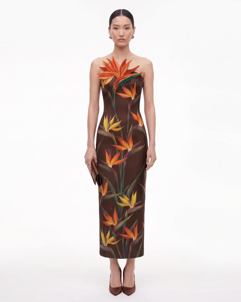 Bird of Paradise Appliqué Strapless Column Midi Dress - Dark Brown