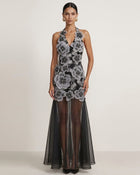 Floral Embroidered Sheer Overlay Maxi Dress - Black