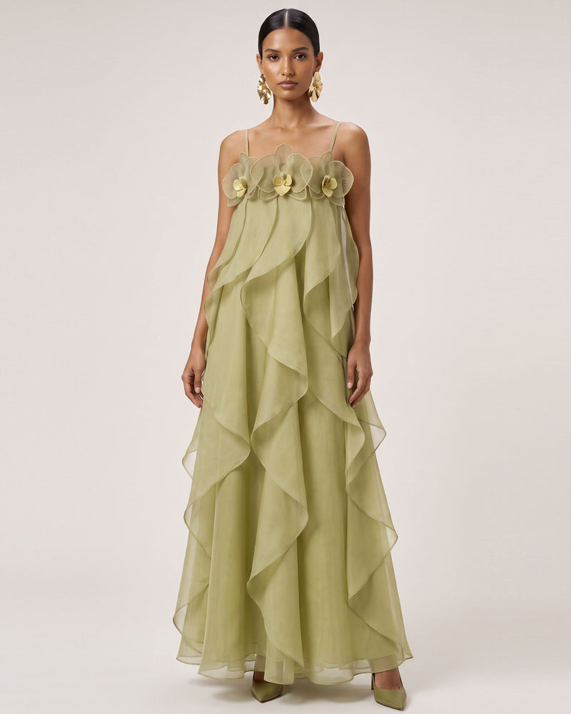 Orchid Embroidered Organza Maxi Dress - Light Green