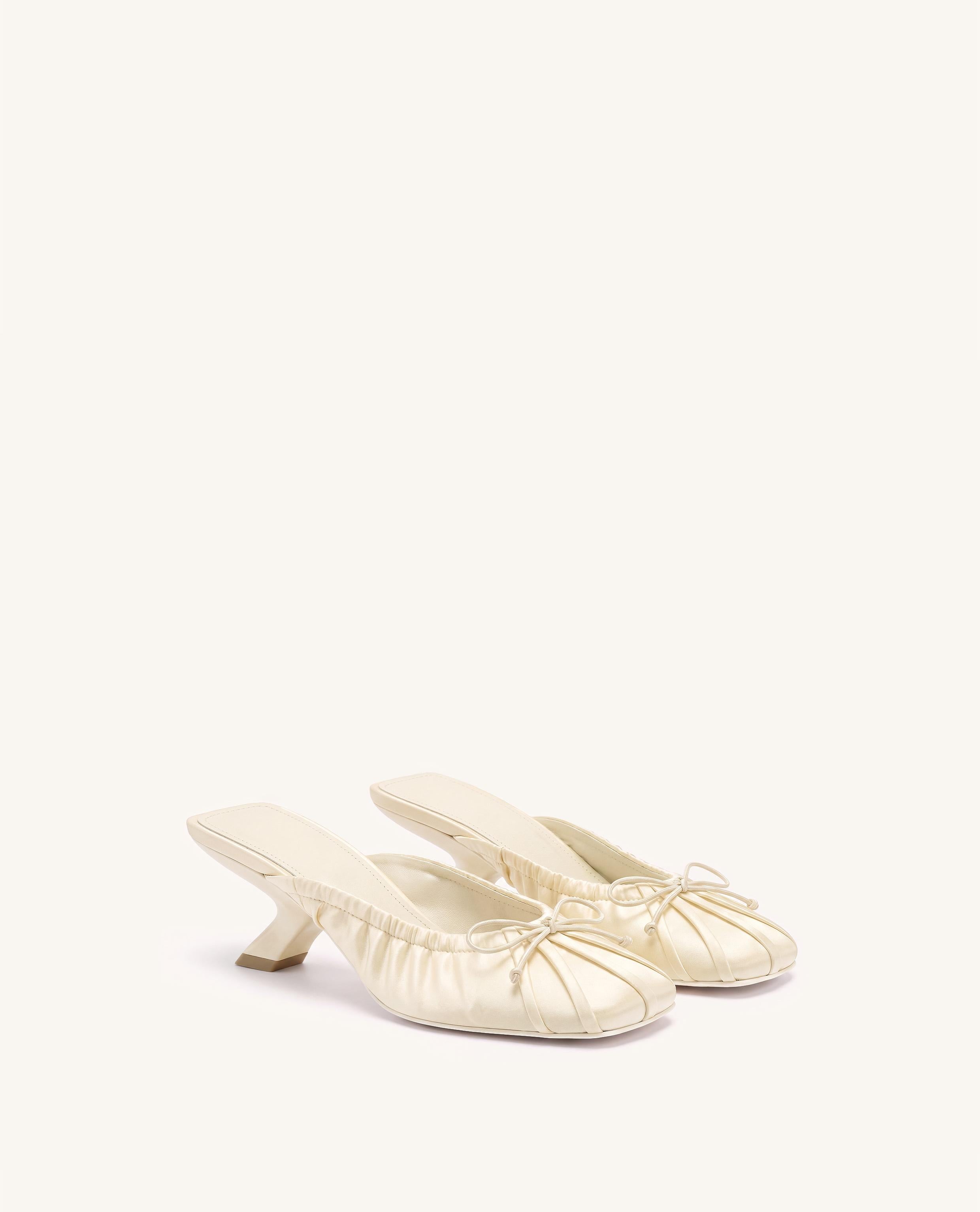 Solenne Satin Bow Ruched Mules - Ivory