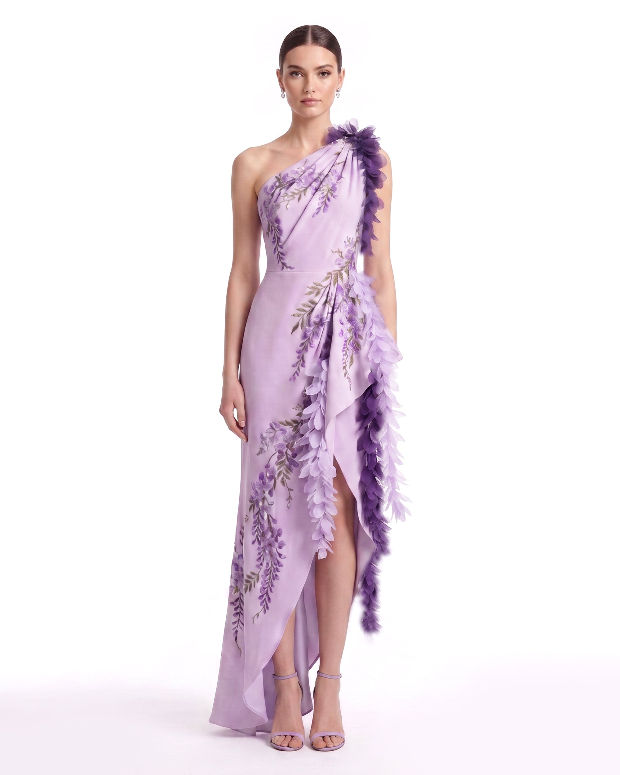 Wisteria Petal Cascade One-Shoulder Maxi Dress - Lavender