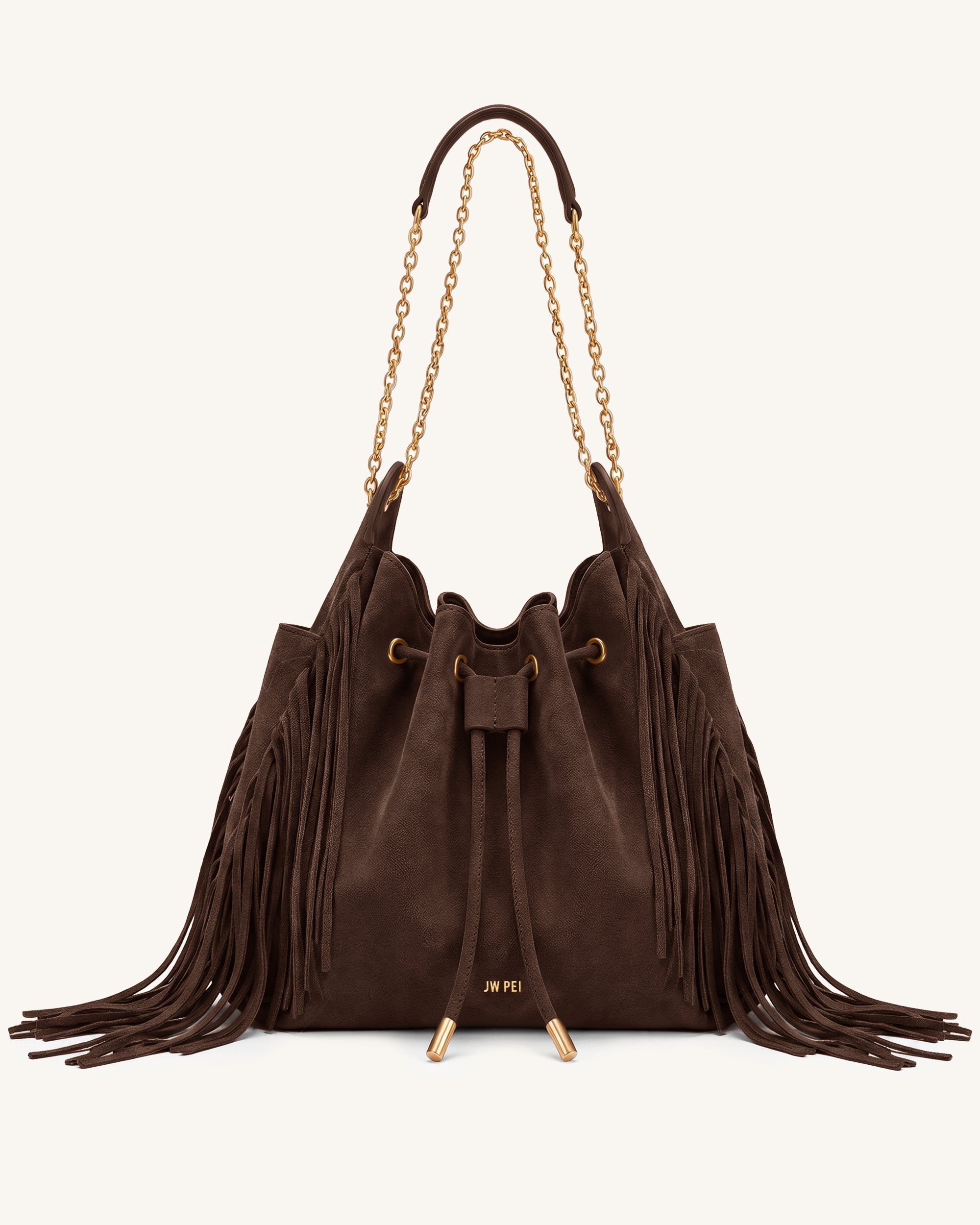 Rowan Faux Suede Tassel Ruched Drawstring Chain Bucket Bag - Amber Bro