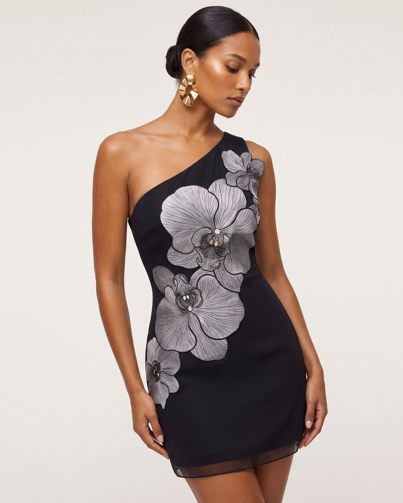 Orchid Embroidered One-Shoulder Fitted Mini Dress - Black