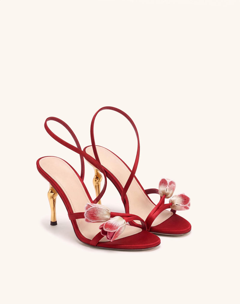 Amara Tulip Embroidered Wraparound Heels - Red