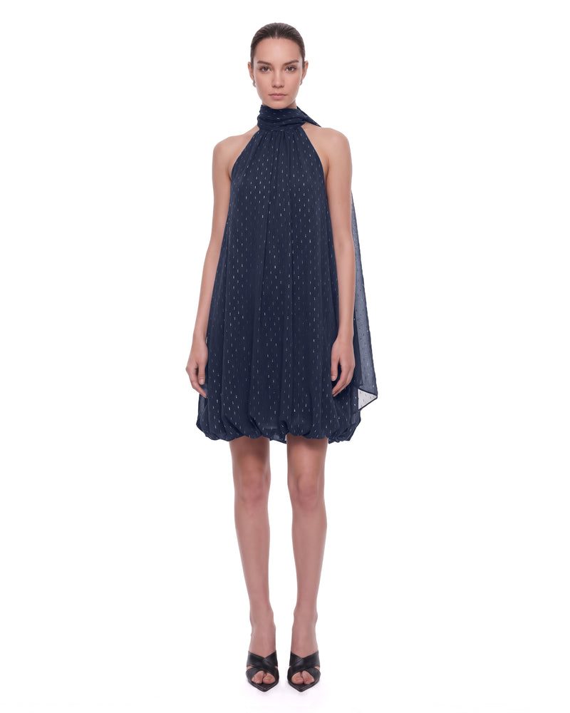 Embellished Halter Neck Balloon-Hem Mini Dress - Navy