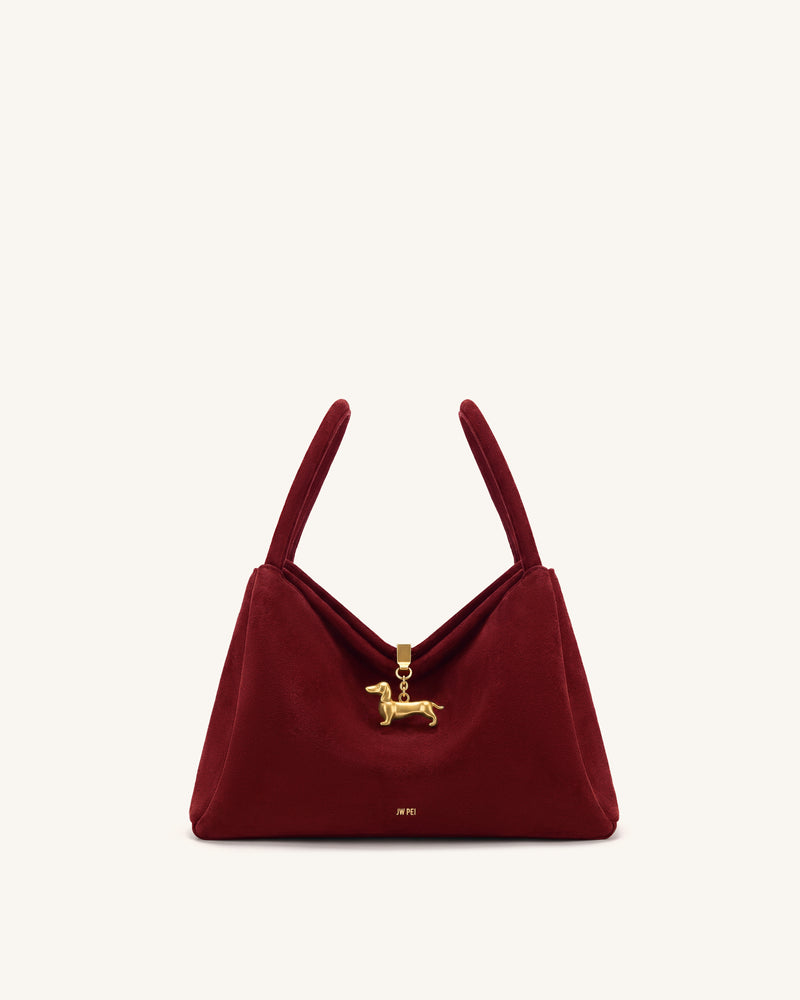 Maelle Faux Suede Dachshund Charm Double Handle Bag - Burgundy