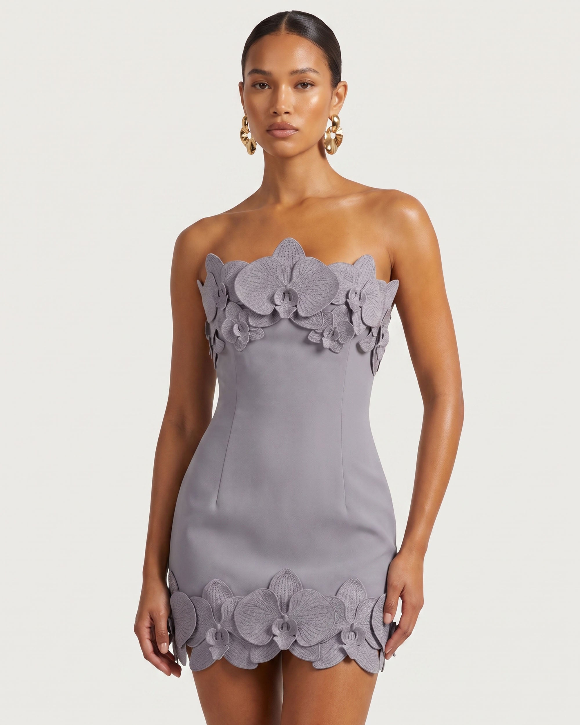 Orchid Trim Strapless Mini Dress - Grey