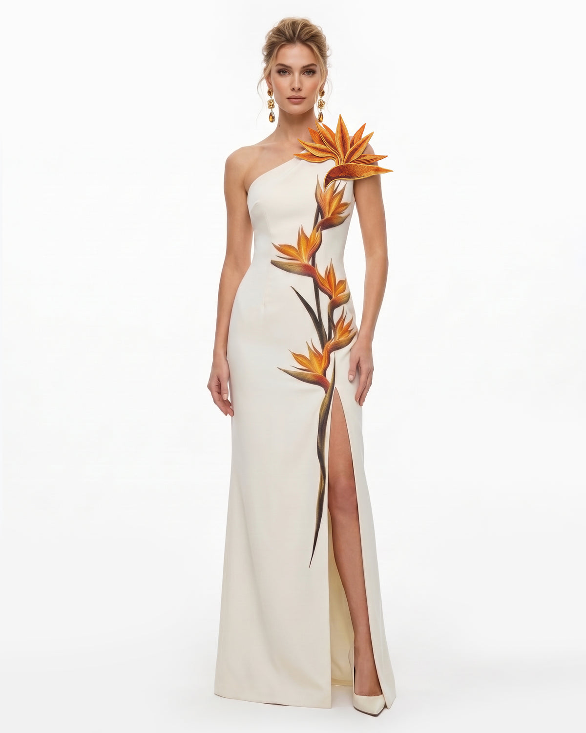 3D Bird Of Paradise One-Shoulder Maxi Dress - Ivory