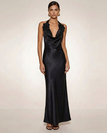 Flower Embroidered Cowl Halter Maxi Dress - Black
