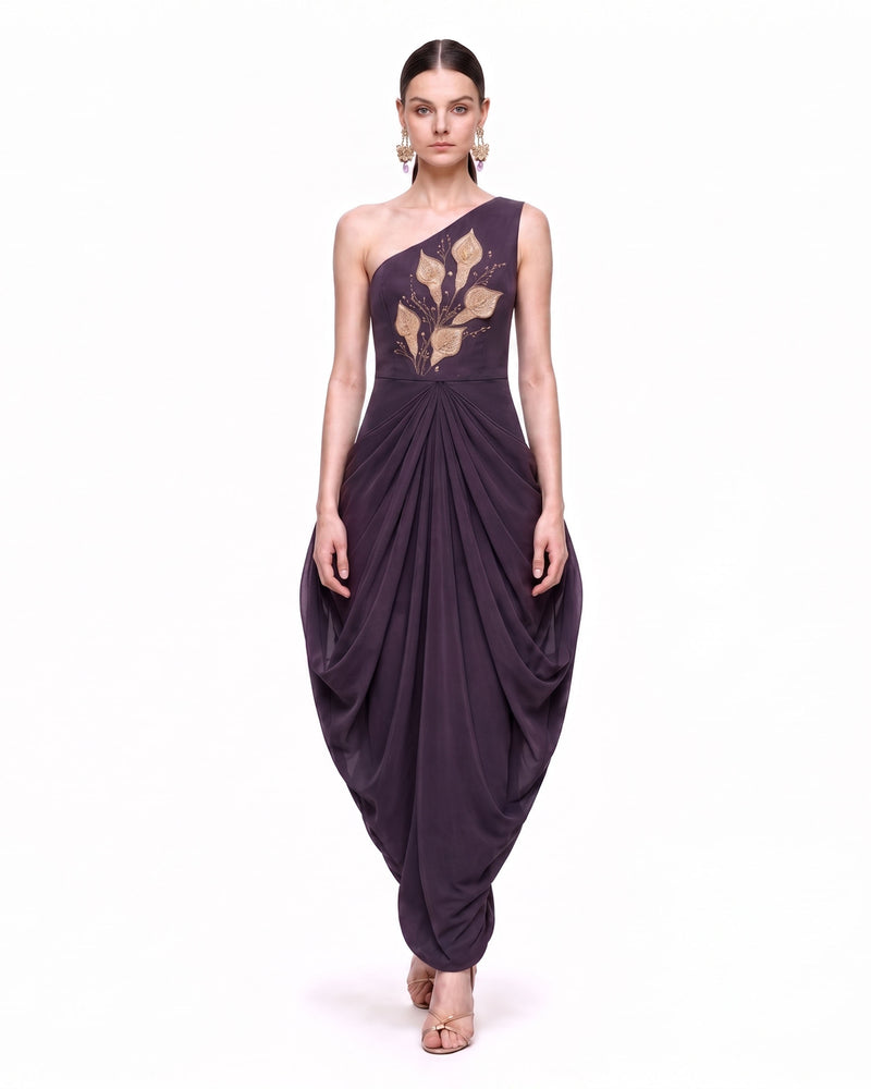 Botanical Embellished Draped One-Shoulder Maxi Dress - Dark Purple