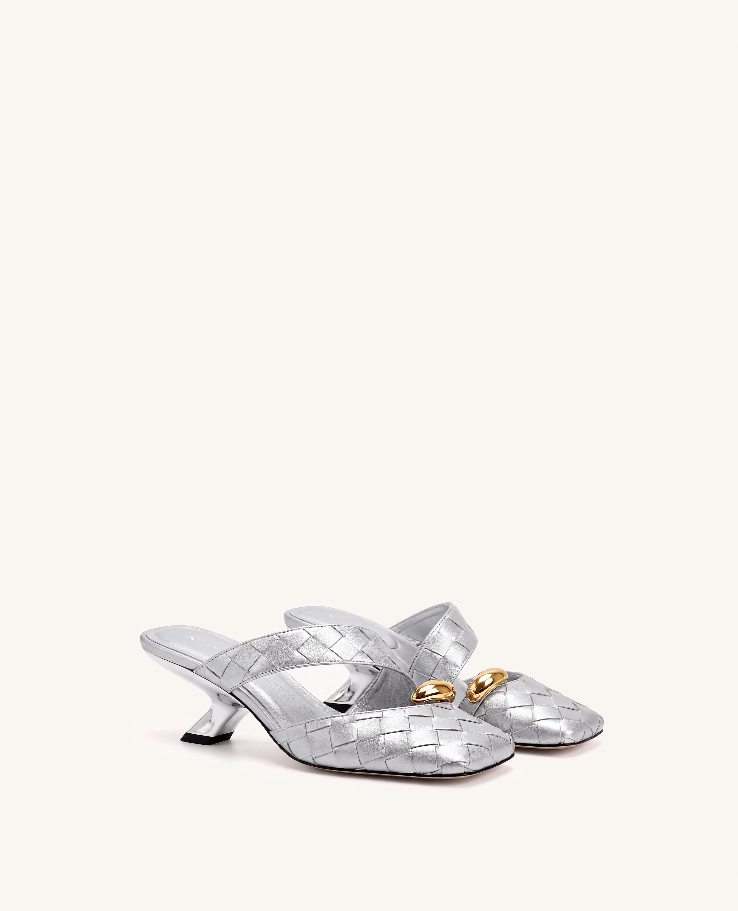 Noemi Woven Hardware Closed-Toe Mules - Metallic Silver