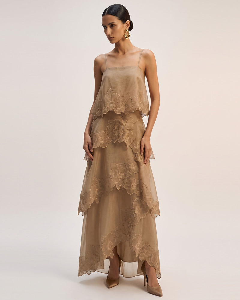 Orchid Embroidered Layered Maxi Dress - Light Brown