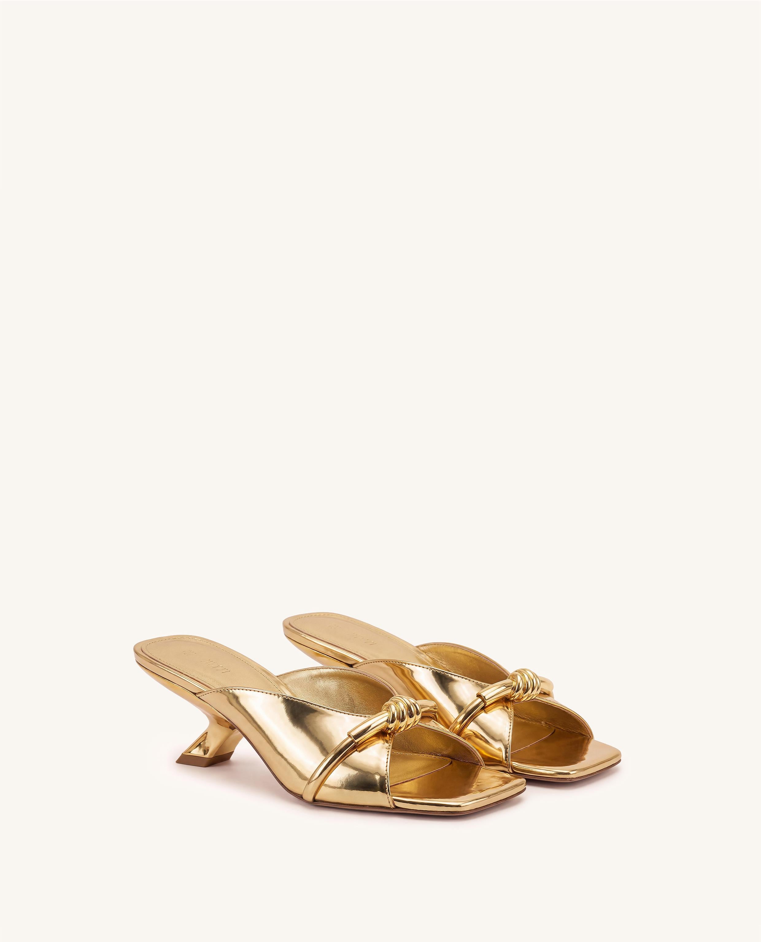 Lena Metal Rope Knot Metallic Cross-Strap Heeled Sandals - Gold