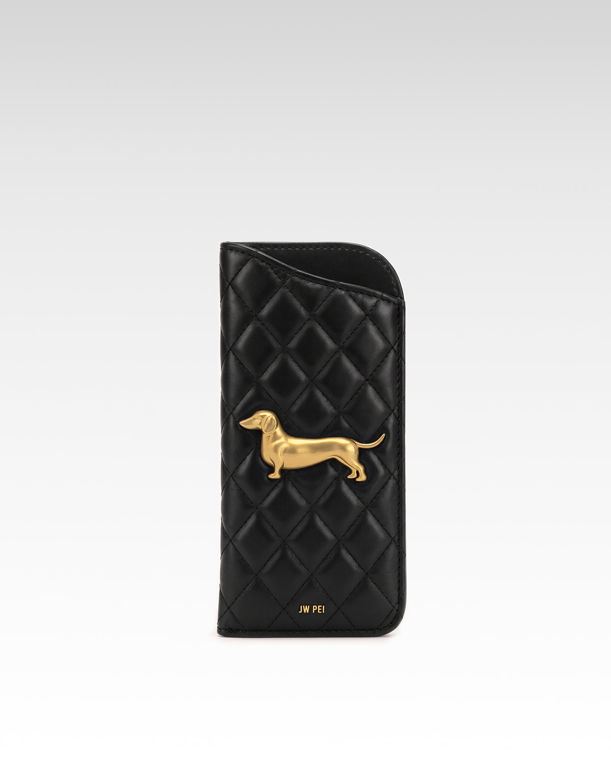 Maeve Quilted Dachshund Metal Emblem Glasses Case - Black