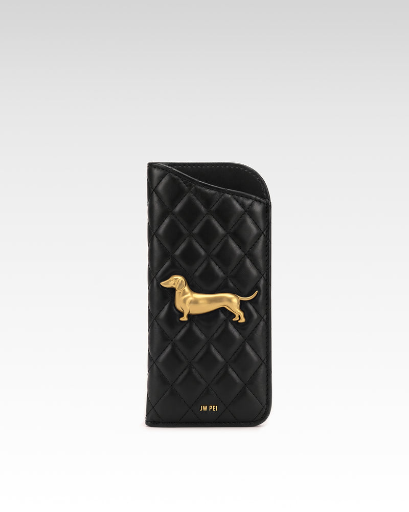 Maeve Quilted Dachshund Metal Emblem Glasses Case - Black