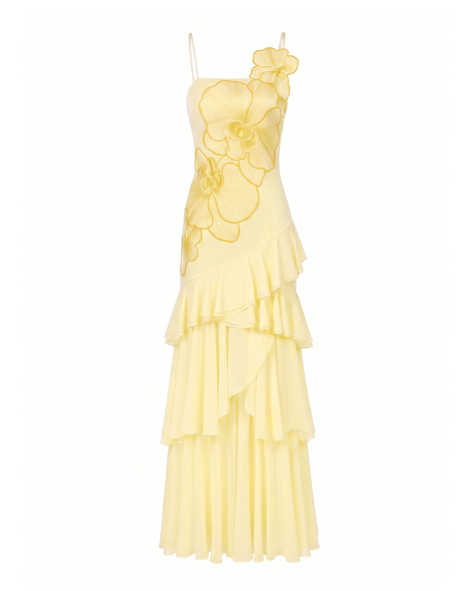 Orchid Embroidered Ruffled One-Shoulder Maxi Dress - Pale Yellow