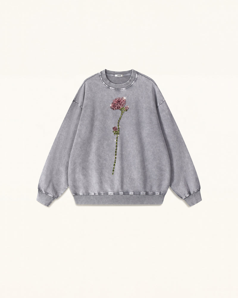 The Enchanted Rhinestone Rose Pullover - Washed Slate
