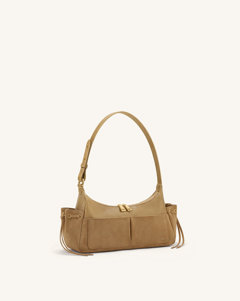 Corinne Lizard-Embossed Faux Suede Shoulder Bag - Khaki