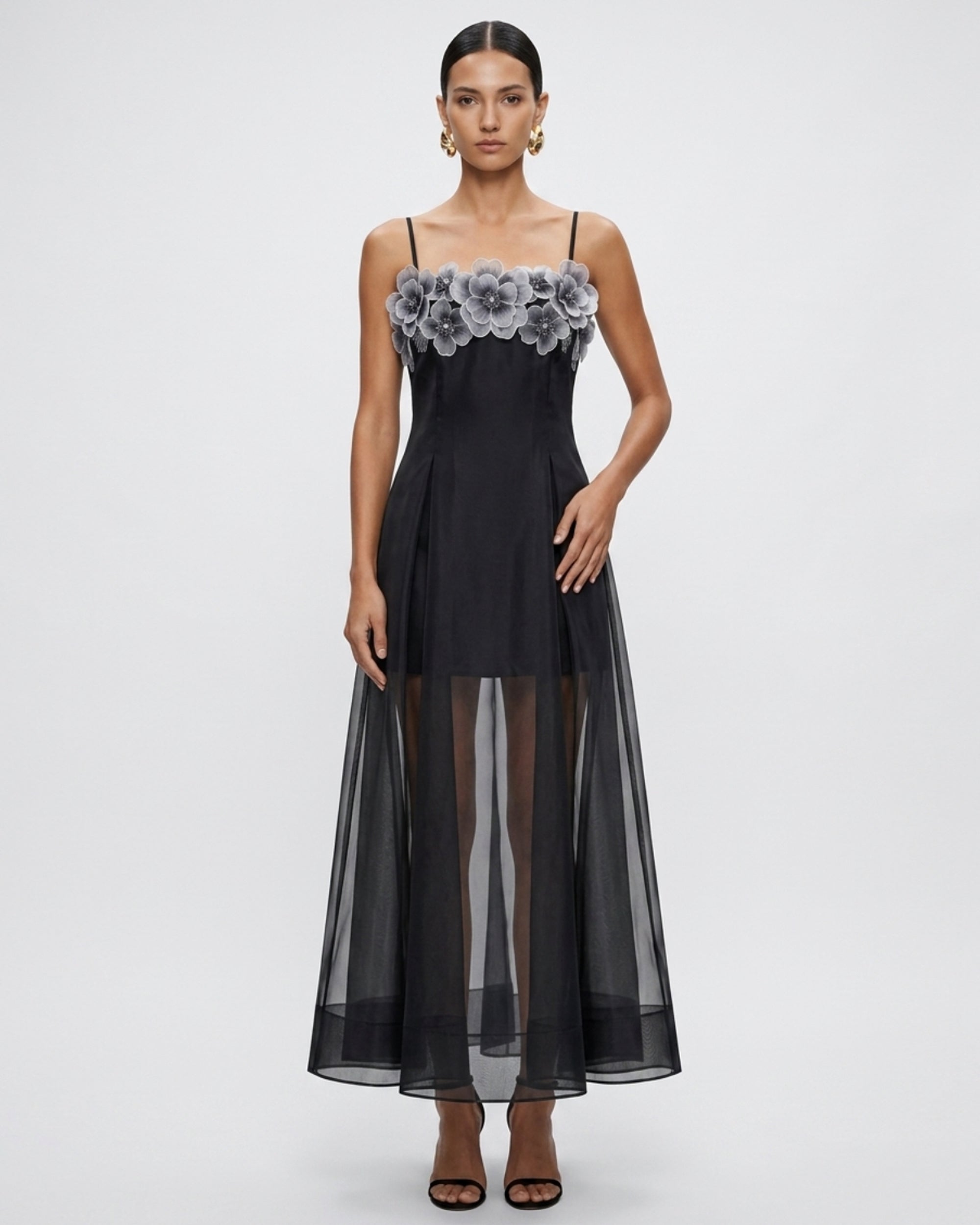 Floral Embroidered Sheer Layered Maxi Dress - Black 8
